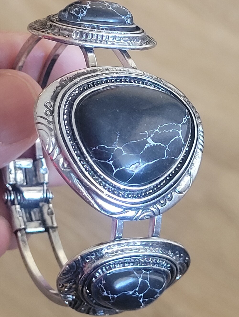 Silver-Tone Black Howlite Cuff Bracelet with Marbled Stones
